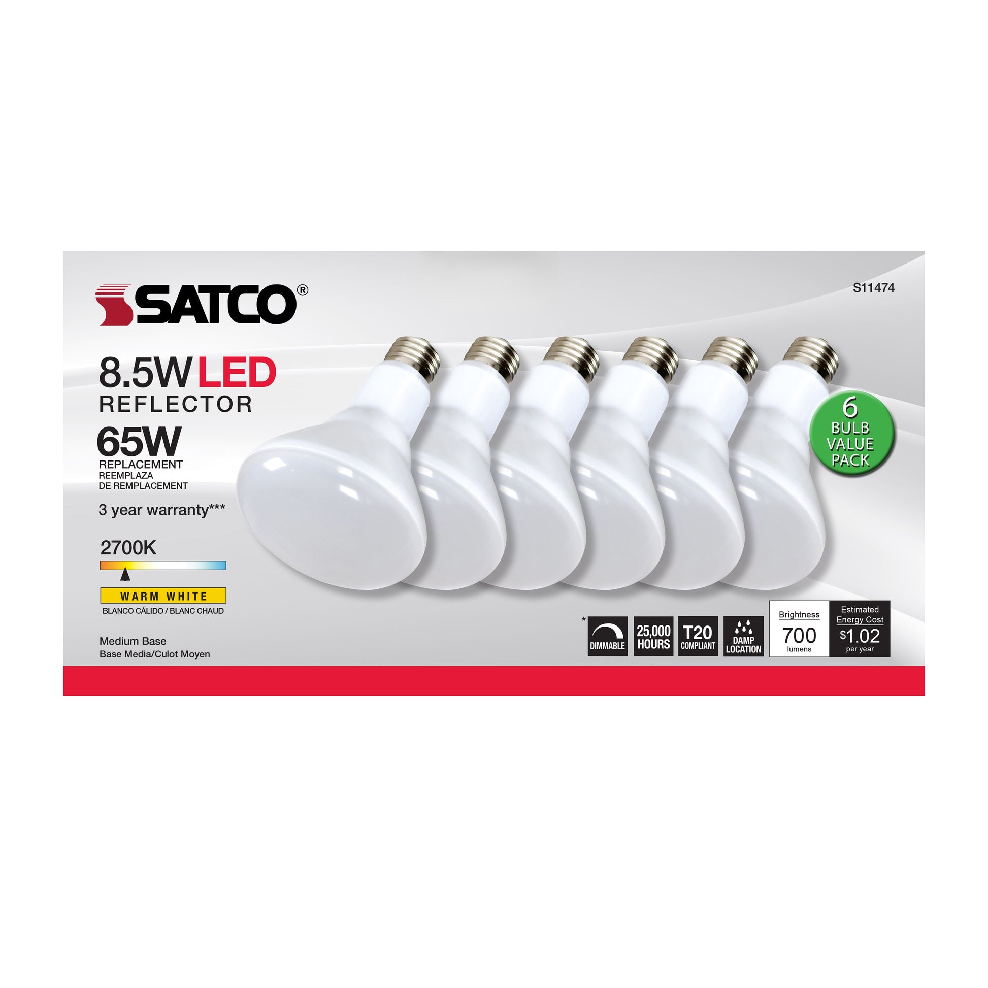 image of 8.5 Watt - BR30 LED - 2700K - 90 CRI - Medium Base - 120 Volts - Dimmable - 6-pack