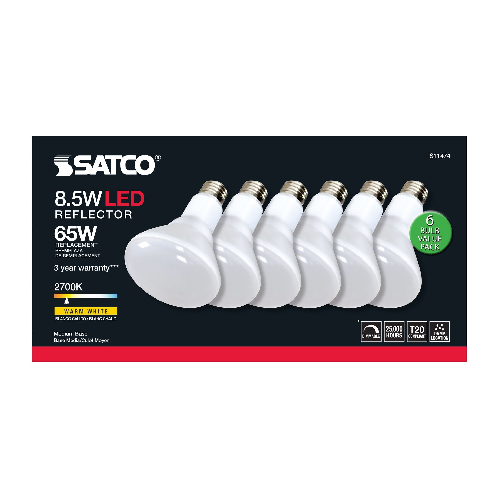 image of 8.5 Watt - BR30 LED - 2700K - 90 CRI - Medium Base - 120 Volts - Dimmable - 6-pack