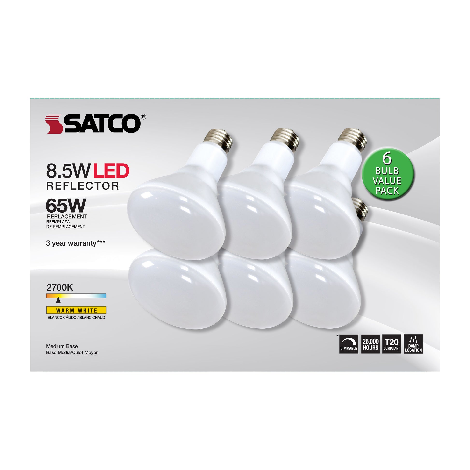 image of 8.5 Watt - BR30 LED - 2700K - 90 CRI - Medium Base - 120 Volts - Dimmable - 6-pack