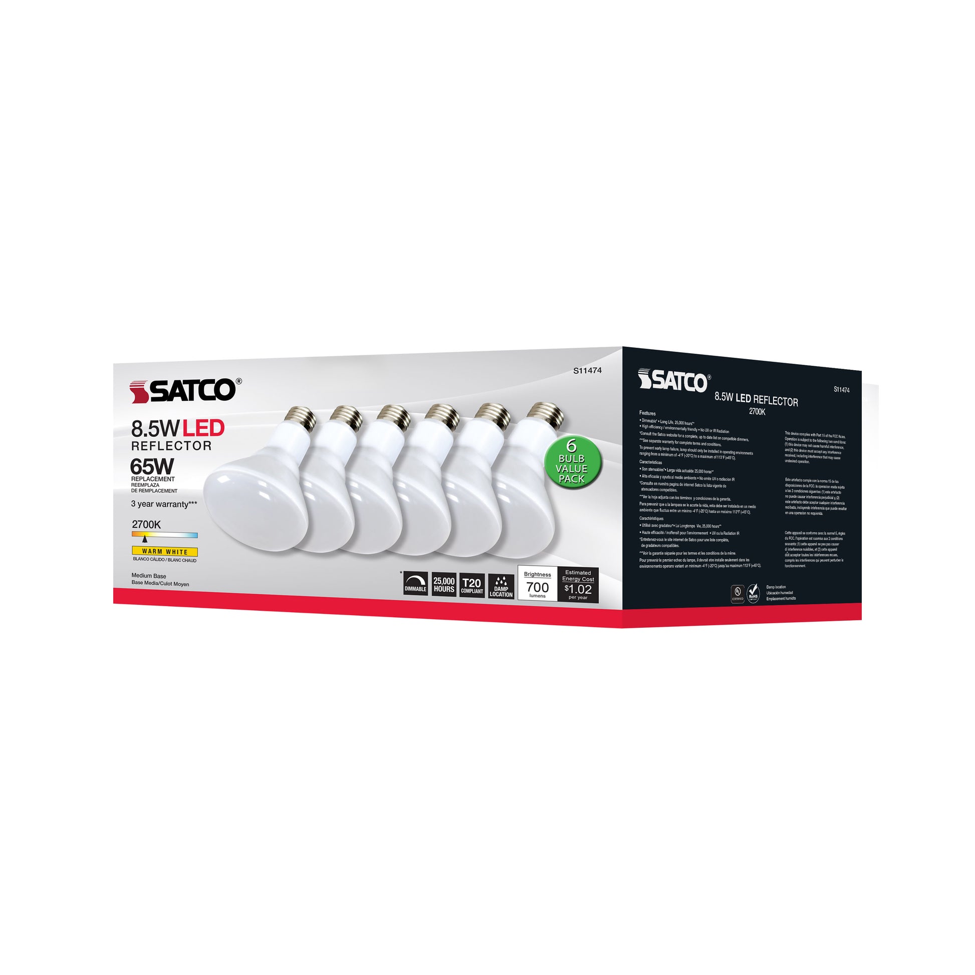 image of 8.5 Watt - BR30 LED - 2700K - 90 CRI - Medium Base - 120 Volts - Dimmable - 6-pack