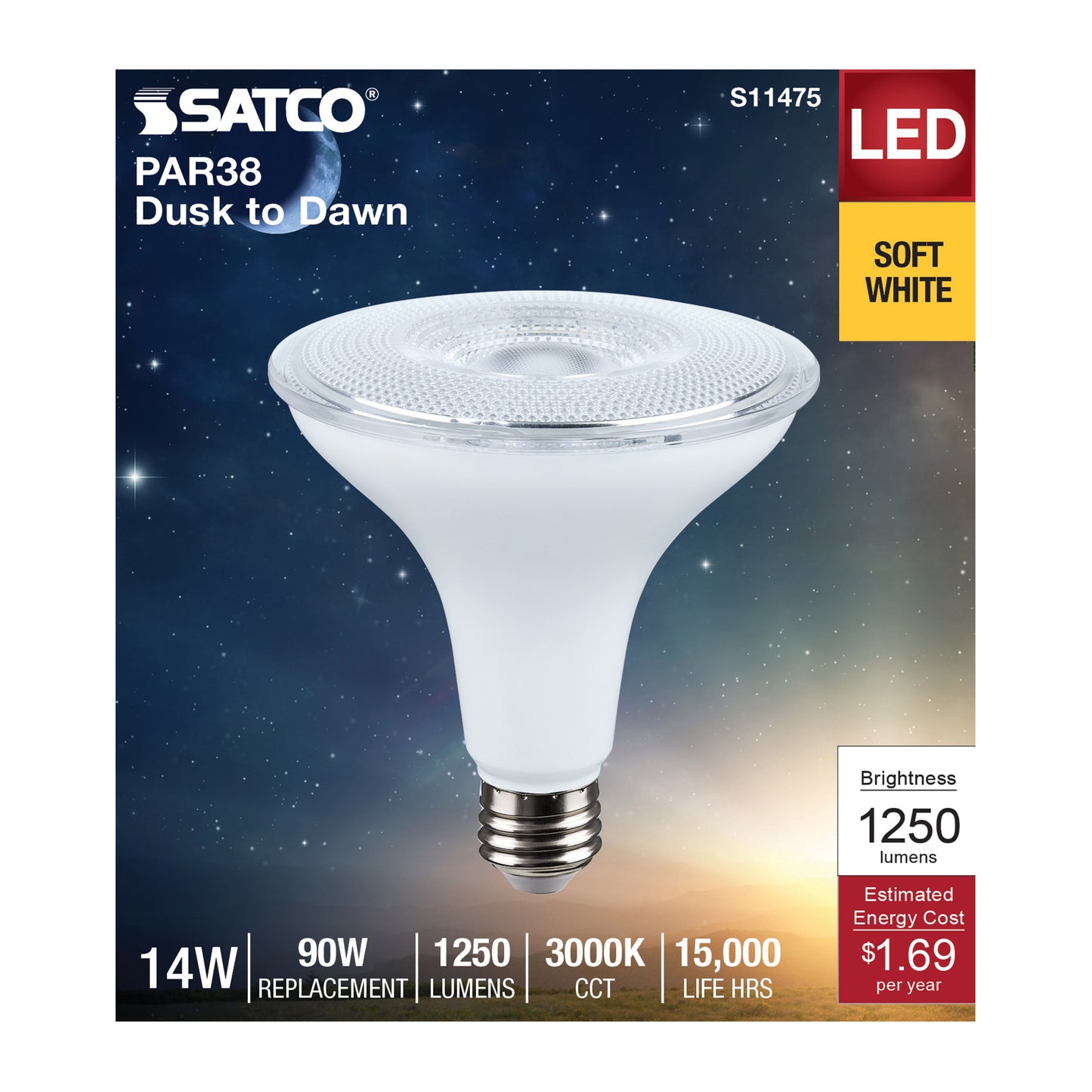 image of 14 Watt Dusk to Dawn LED - PAR38 - 3000K - Medium Base - White Finish - 120 Volt