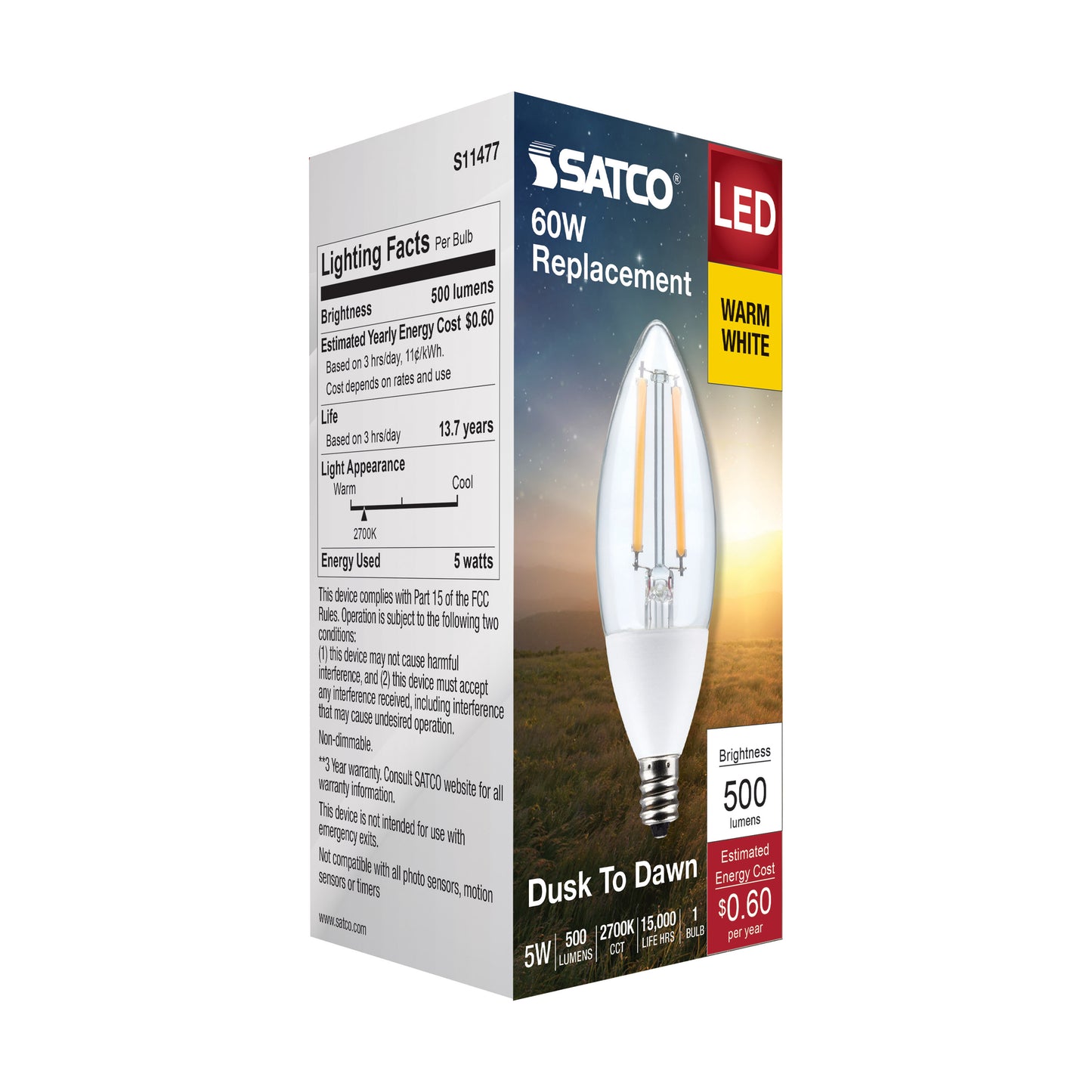 image of 5 Watt B11 - Dusk to Dawn LED - 2700K - Candelabra Base - 120 Volt - 90 CRI - With Photocell