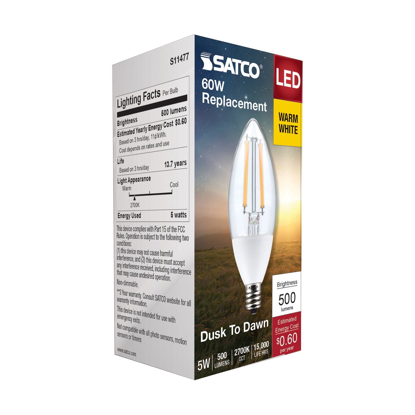 image of 5 Watt B11 - Dusk to Dawn LED - 2700K - Candelabra Base - 120 Volt - 90 CRI - With Photocell