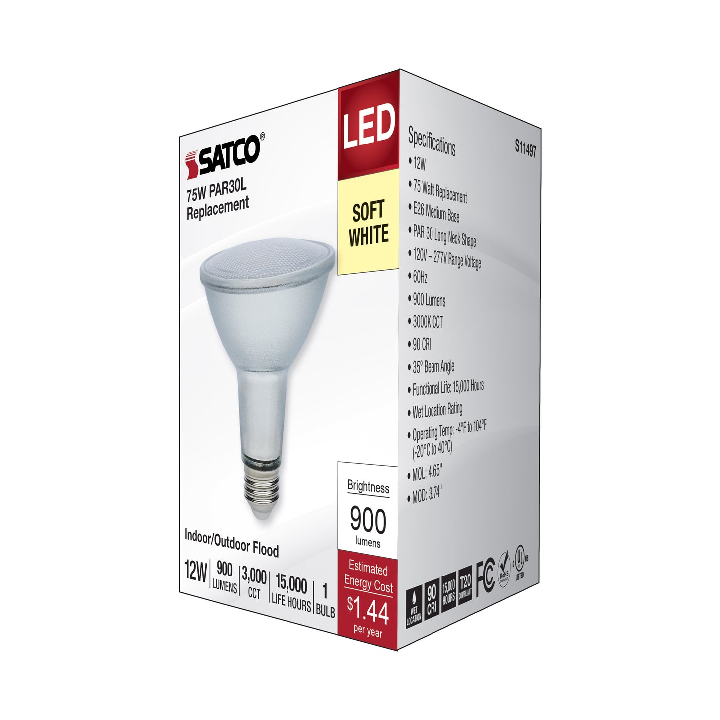 image of 12 Watt Econo LED PAR30LN - 3000K - 35 Degree Beam Angle - Medium Base - 120-277 Volt - Silver Finish