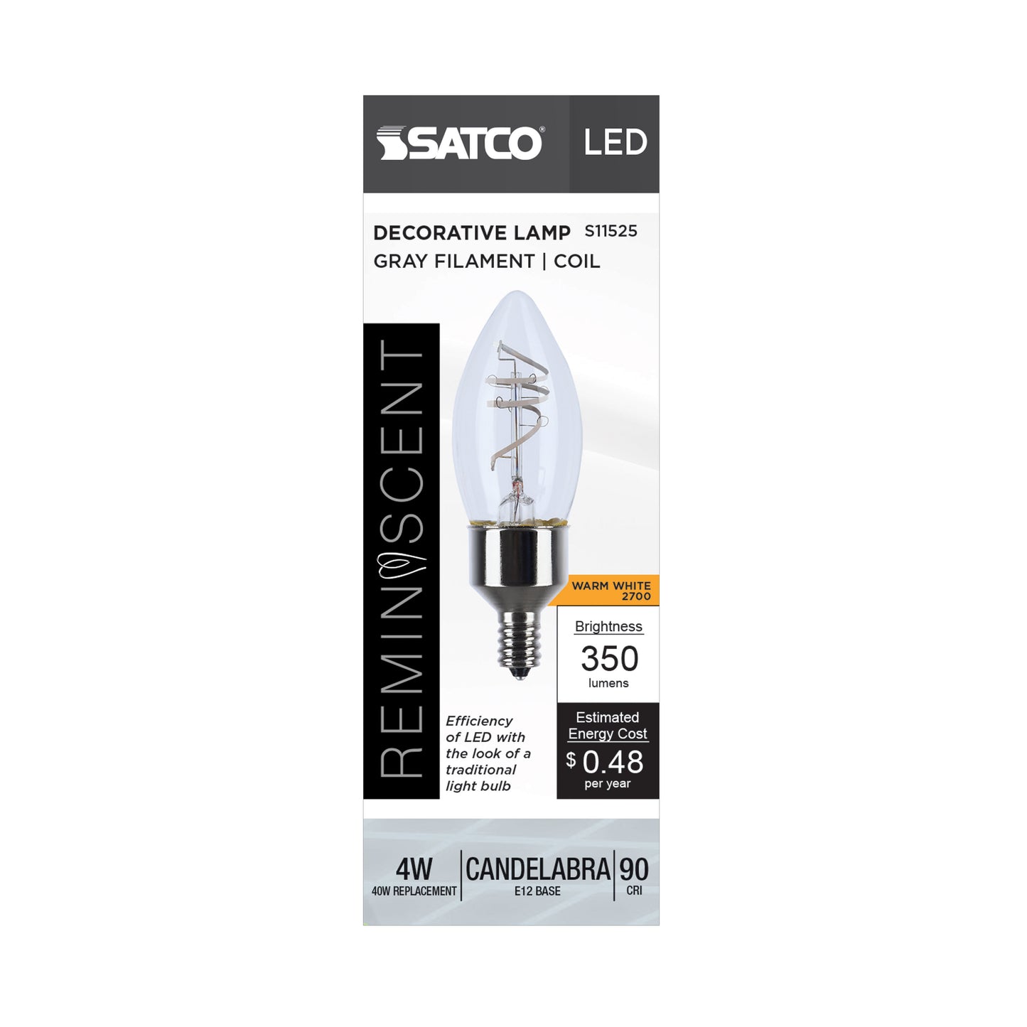 image of 4 Watt LED - Reminiscent - Flex Gray Coil Filament - B11 - Candelabra Base - 2700K CCT - Clear - 120 Volt