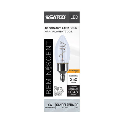image of 4 Watt LED - Reminiscent - Flex Gray Coil Filament - B11 - Candelabra Base - 2700K CCT - Clear - 120 Volt