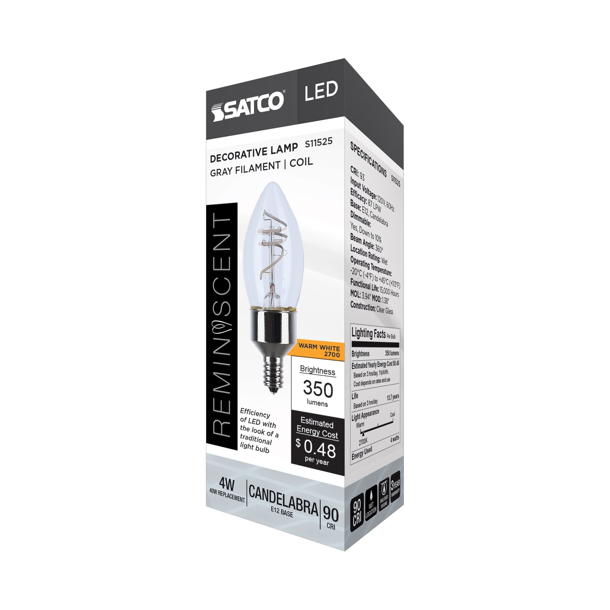 image of 4 Watt LED - Reminiscent - Flex Gray Coil Filament - B11 - Candelabra Base - 2700K CCT - Clear - 120 Volt