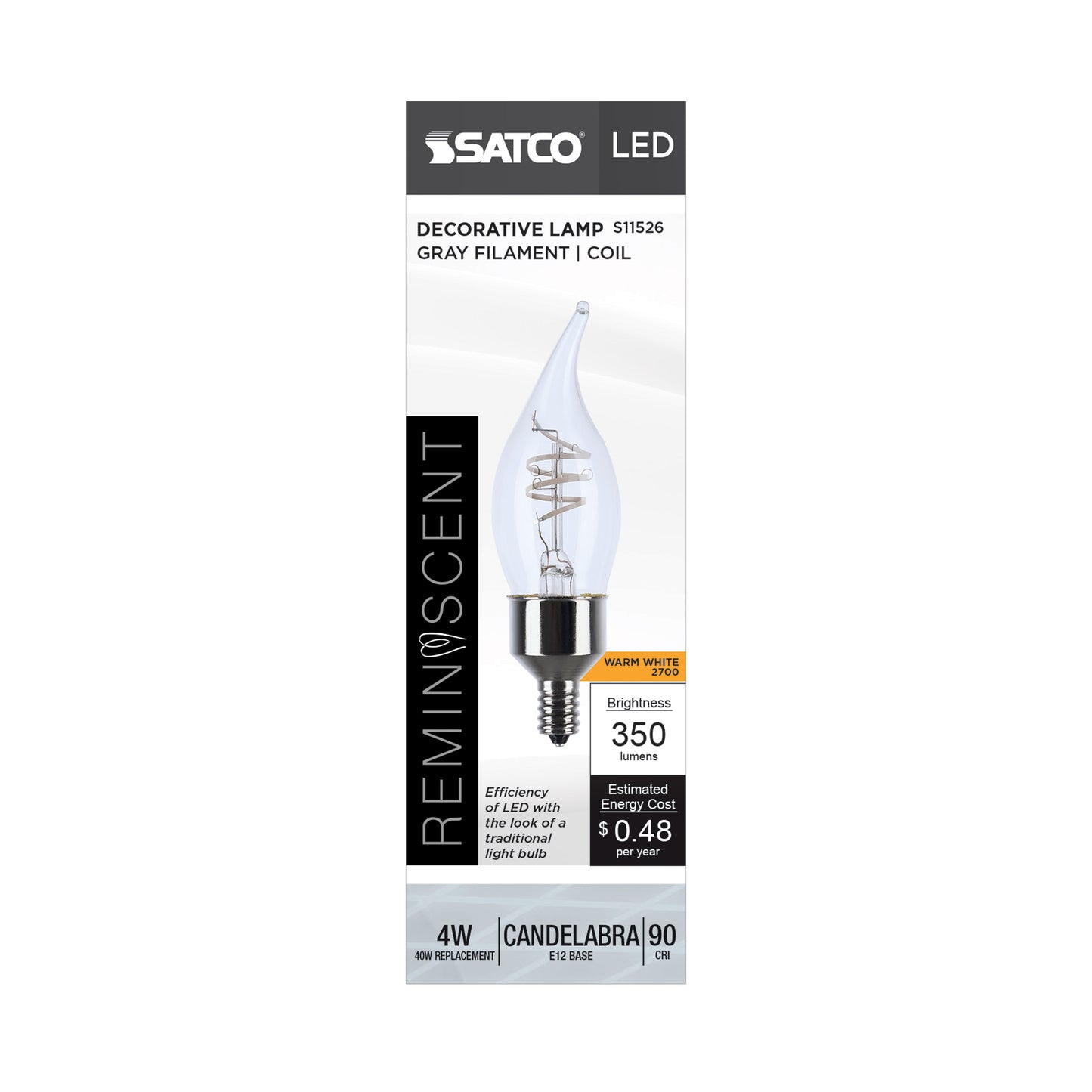 image of 4 Watt LED - Reminiscent - Flex Gray Coil Filament - CA11 - Candelabra Base - 2700K CCT - Clear - 120 Volt