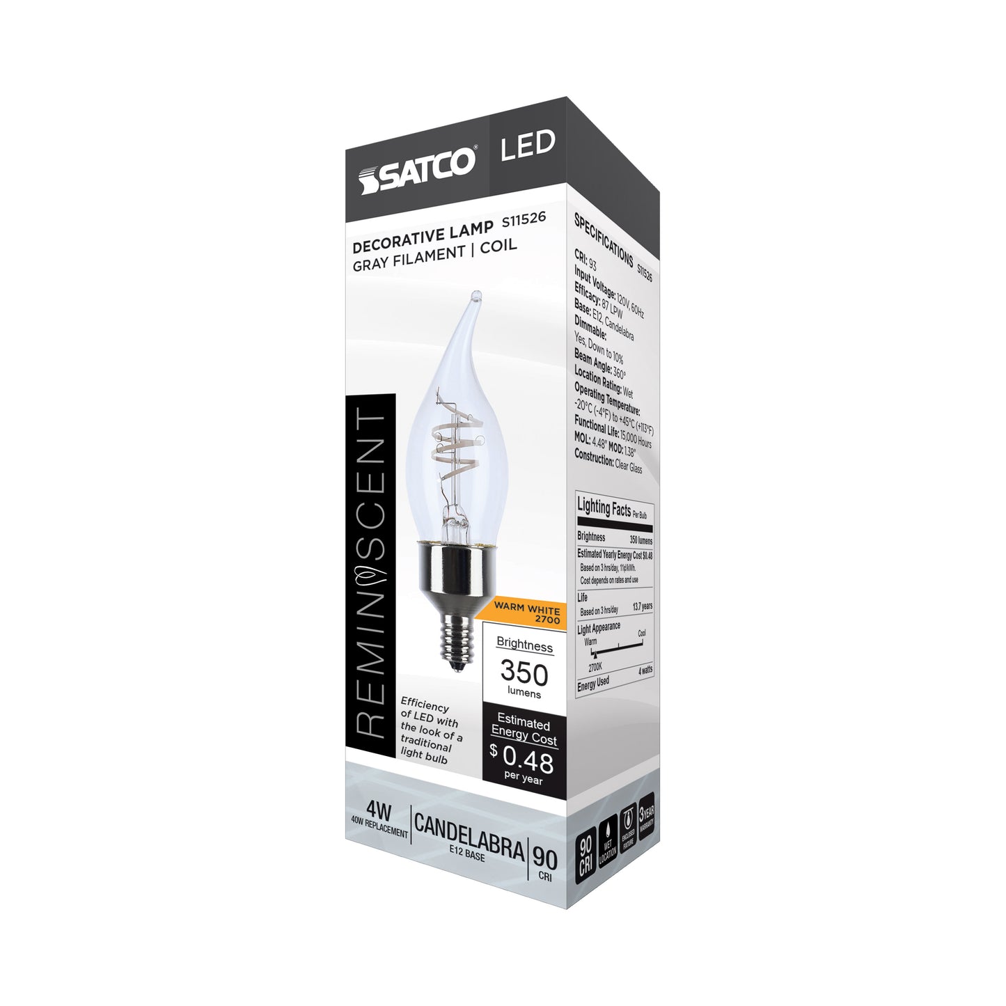 image of 4 Watt LED - Reminiscent - Flex Gray Coil Filament - CA11 - Candelabra Base - 2700K CCT - Clear - 120 Volt