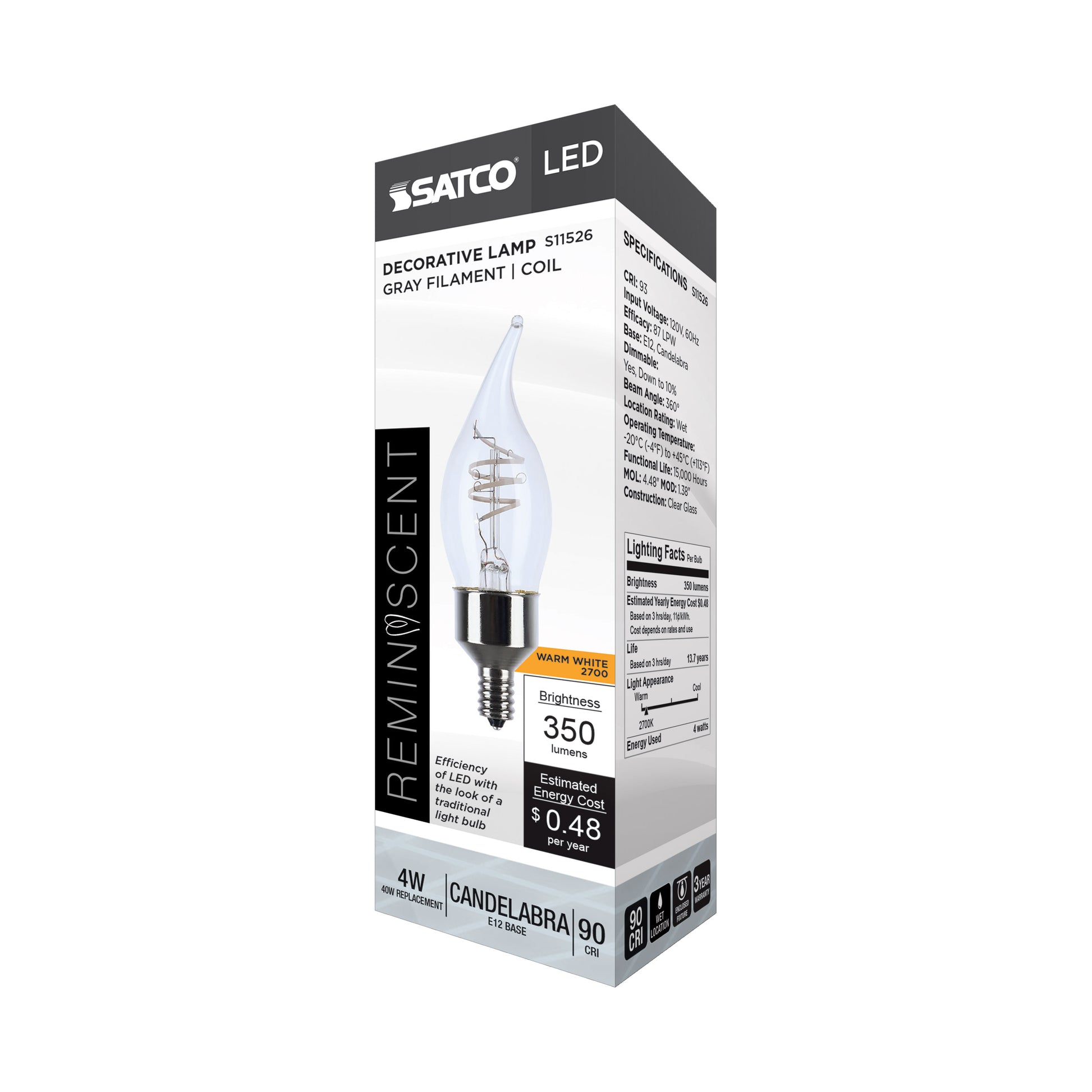 image of 4 Watt LED - Reminiscent - Flex Gray Coil Filament - CA11 - Candelabra Base - 2700K CCT - Clear - 120 Volt