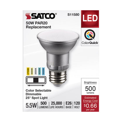 image of 5.5 Watt PAR20 LED - Medium Base - Silver Finish - CCT Selectable - 120 Volt - 25 Degree Beam Angle