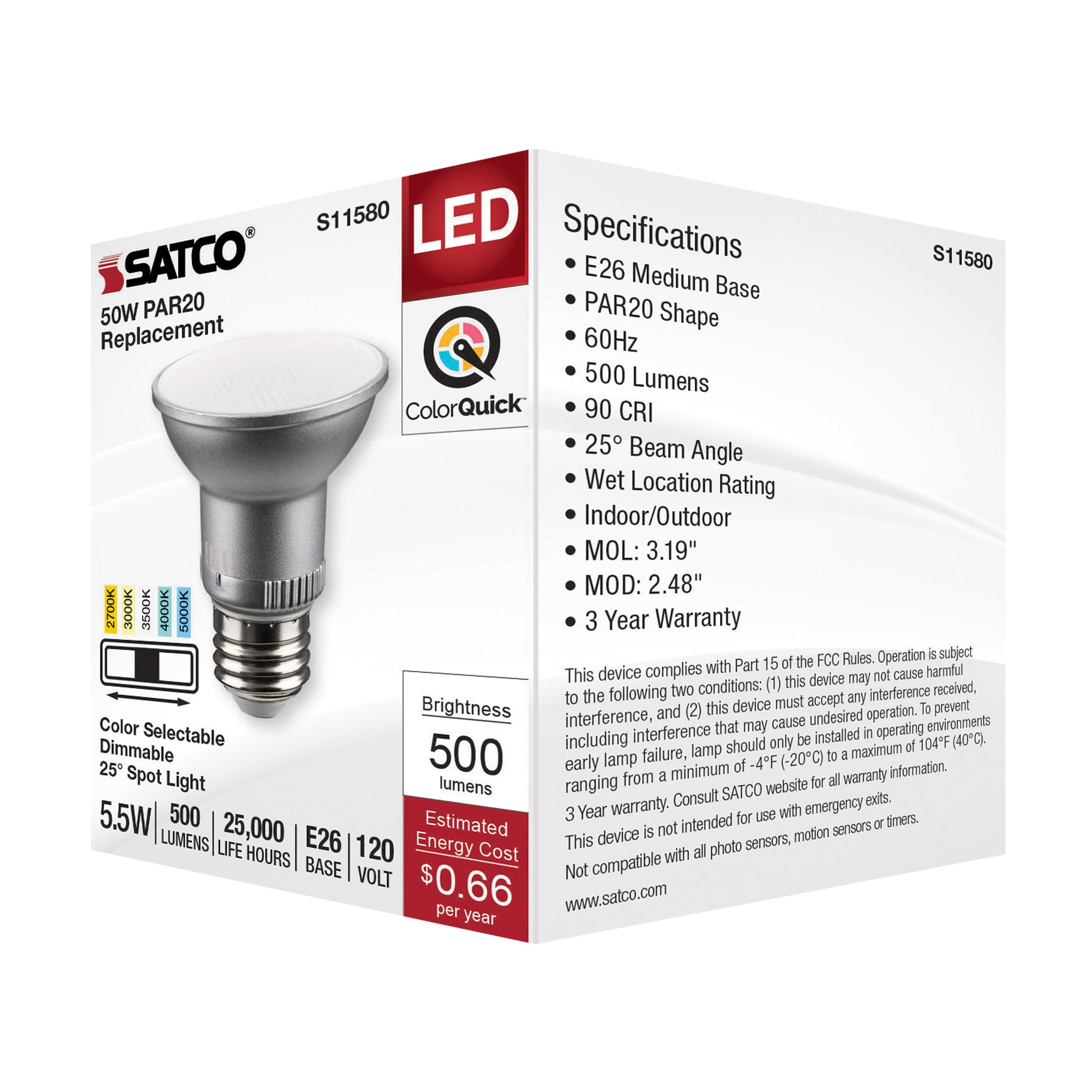 image of 5.5 Watt PAR20 LED - Medium Base - Silver Finish - CCT Selectable - 120 Volt - 25 Degree Beam Angle