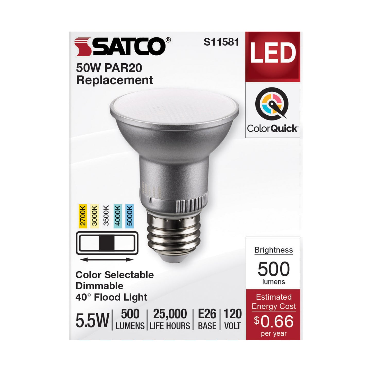 image of 5.5 Watt PAR20 LED - Medium Base - Silver Finish - CCT Selectable - 120 Volt - 40 Degree Beam Angle