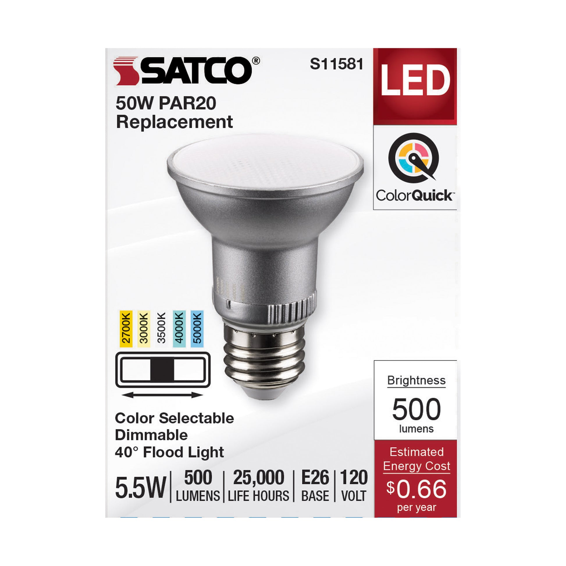 image of 5.5 Watt PAR20 LED - Medium Base - Silver Finish - CCT Selectable - 120 Volt - 40 Degree Beam Angle