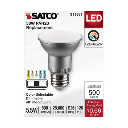 image of 5.5 Watt PAR20 LED - Medium Base - Silver Finish - CCT Selectable - 120 Volt - 40 Degree Beam Angle