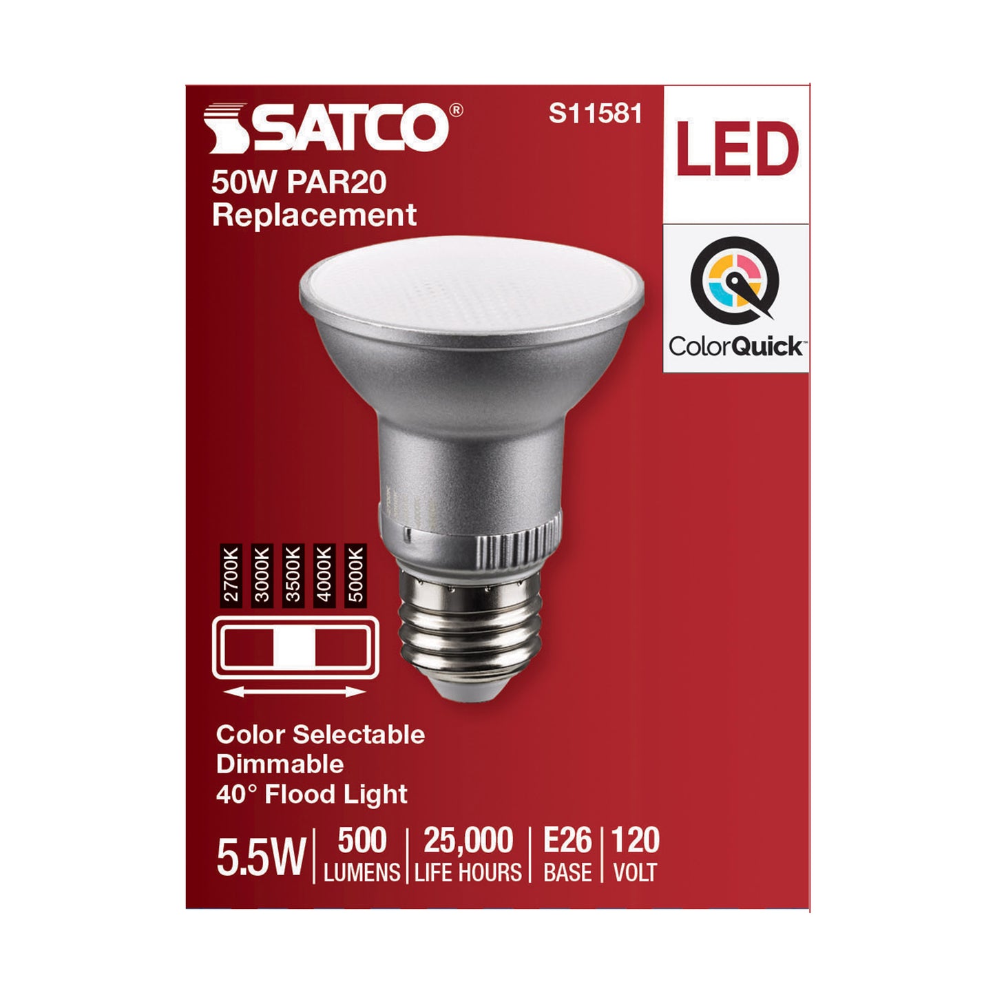 image of 5.5 Watt PAR20 LED - Medium Base - Silver Finish - CCT Selectable - 120 Volt - 40 Degree Beam Angle