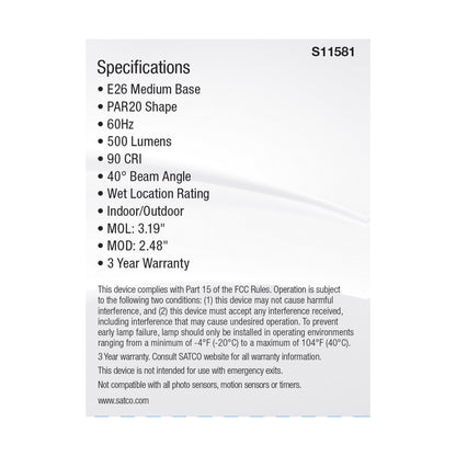 image of 5.5 Watt PAR20 LED - Medium Base - Silver Finish - CCT Selectable - 120 Volt - 40 Degree Beam Angle