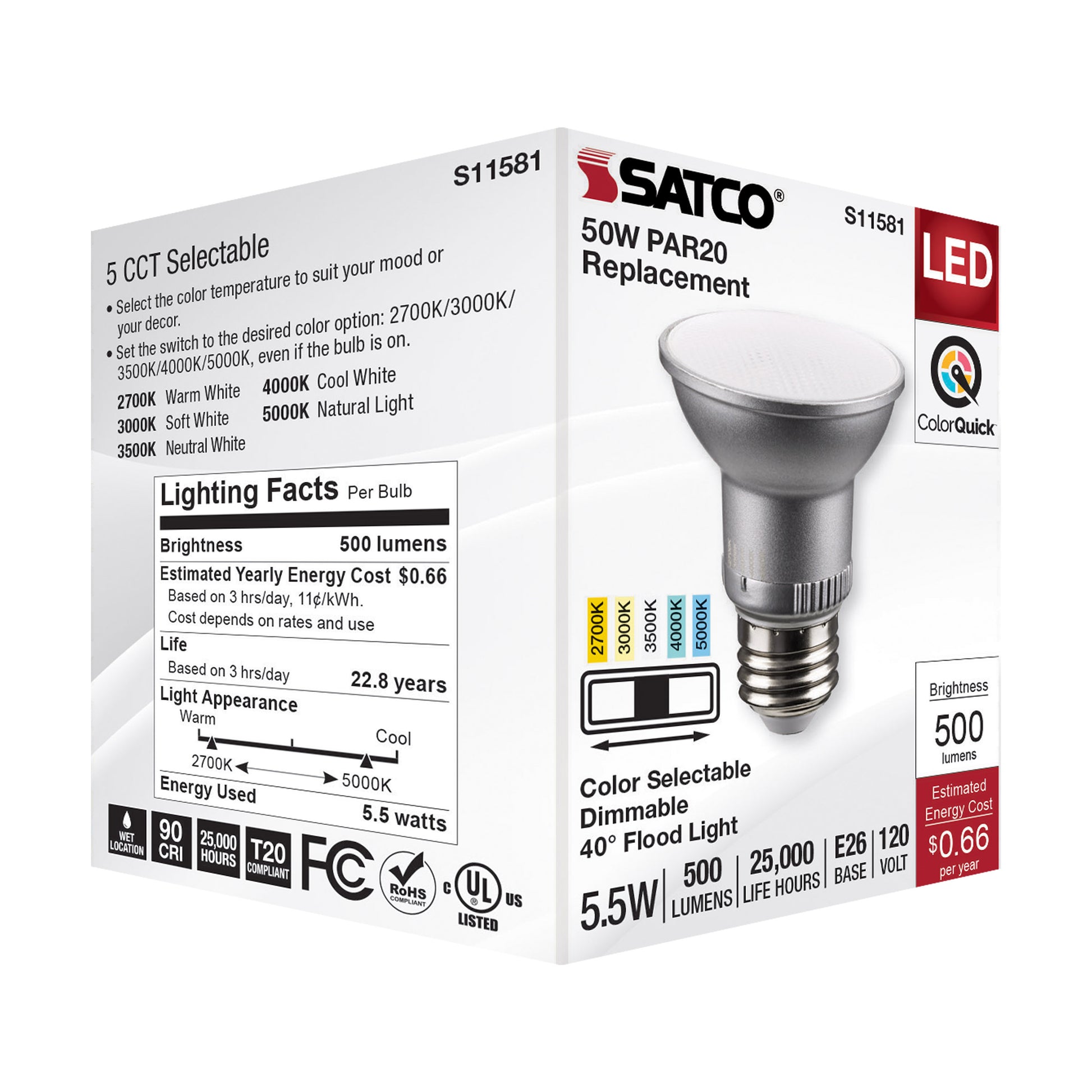 image of 5.5 Watt PAR20 LED - Medium Base - Silver Finish - CCT Selectable - 120 Volt - 40 Degree Beam Angle