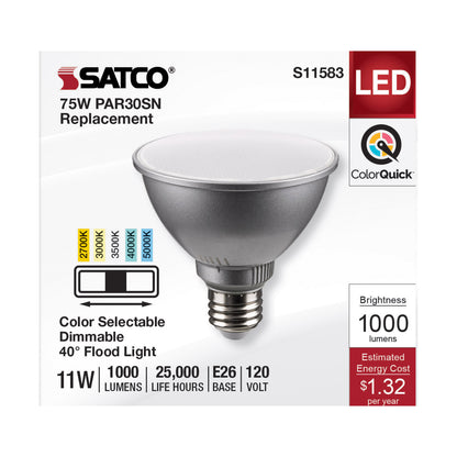 image of 11 Watt PAR30SN LED - Medium Base - Silver Finish - CCT Selectable - 120 Volt - 40 Degree Beam Angle
