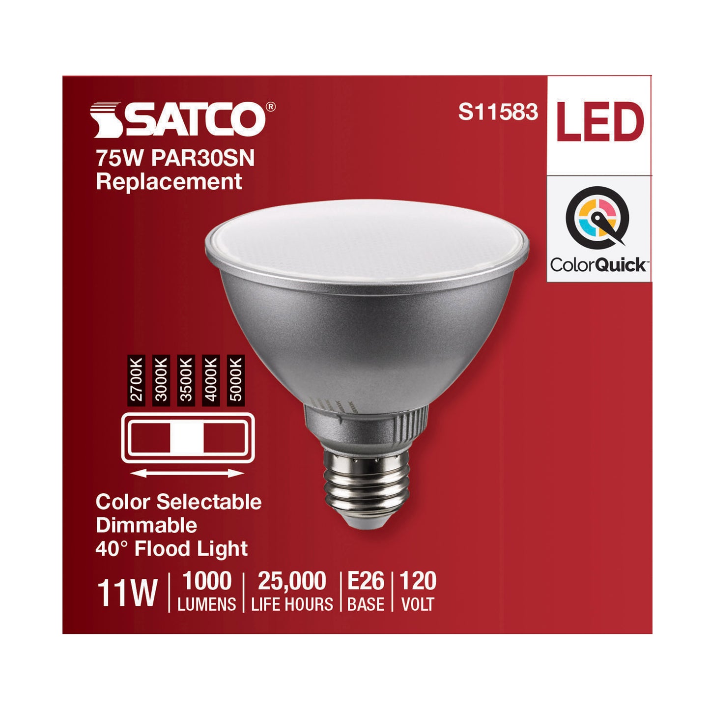 image of 11 Watt PAR30SN LED - Medium Base - Silver Finish - CCT Selectable - 120 Volt - 40 Degree Beam Angle