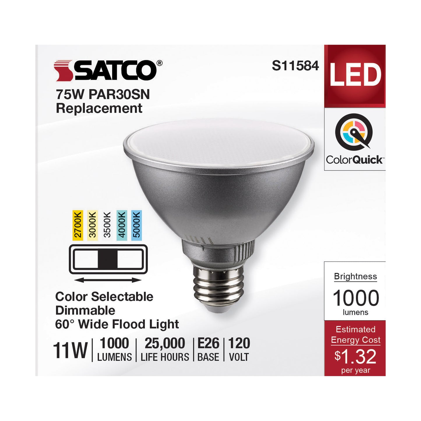 image of 11 Watt PAR30SN LED - Medium Base - Silver Finish - CCT Selectable - 120 Volt - 60 Degree Beam Angle
