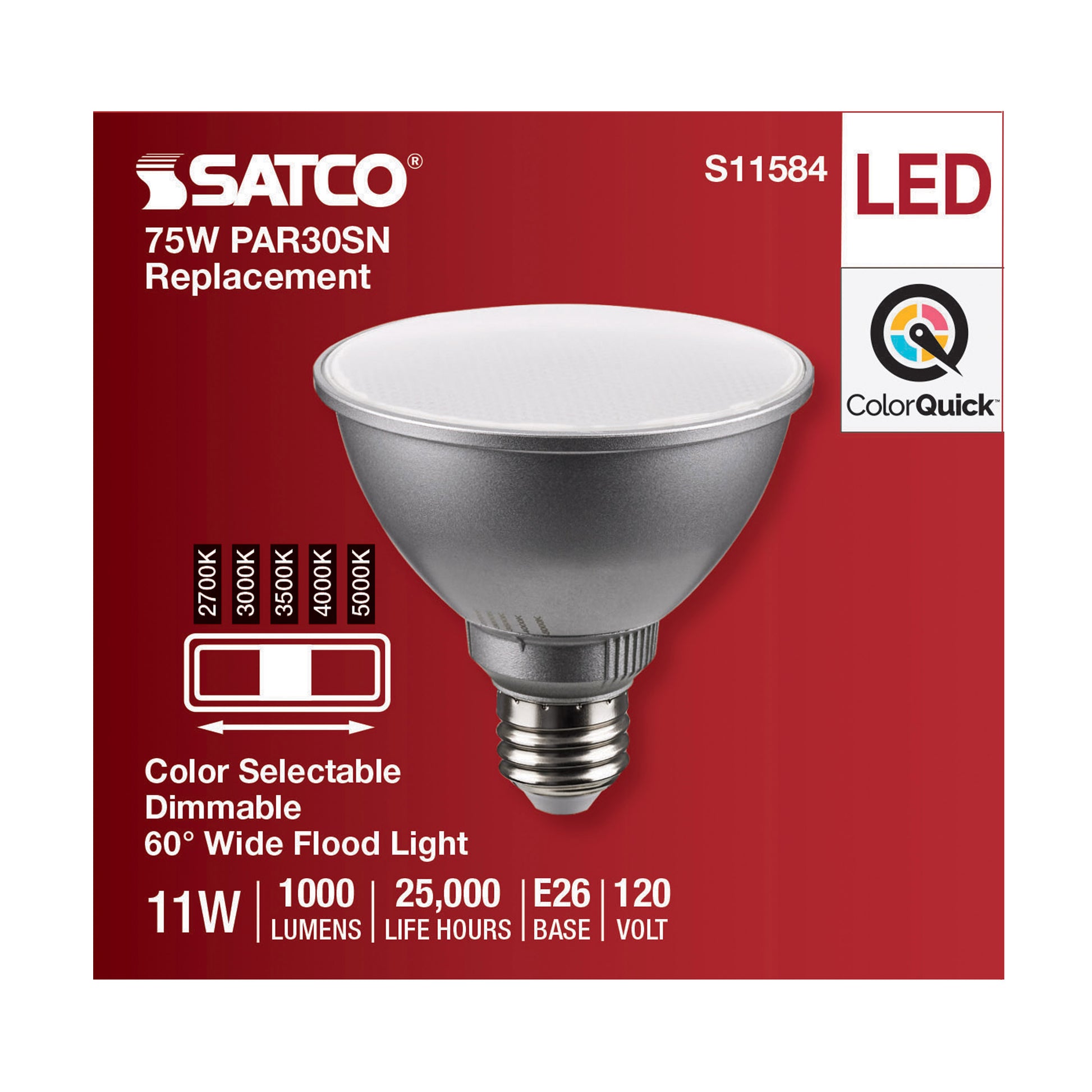image of 11 Watt PAR30SN LED - Medium Base - Silver Finish - CCT Selectable - 120 Volt - 60 Degree Beam Angle