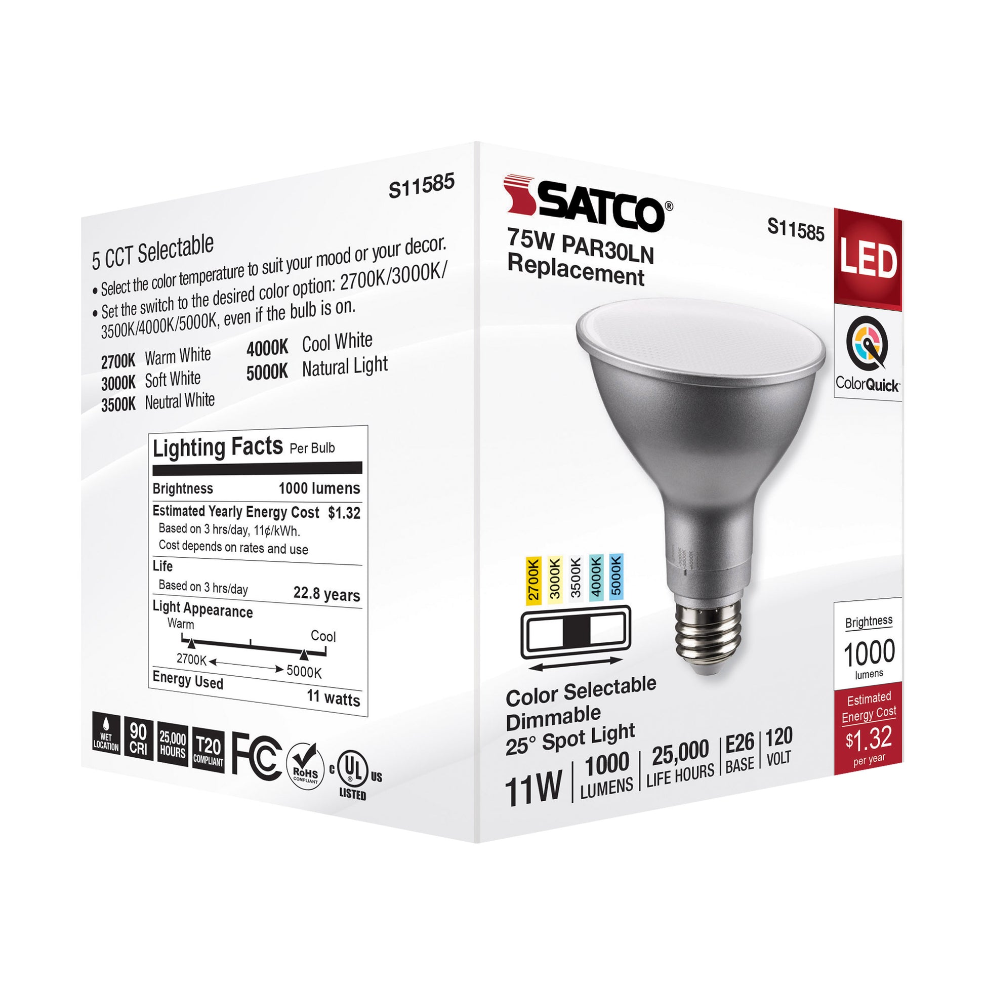 image of 11 Watt PAR30LN LED - Medium Base - Silver Finish - CCT Selectable - 120 Volt - 25 Degree Beam Angle