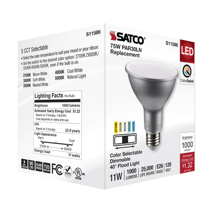 image of 11 Watt PAR30LN LED - Medium Base - Silver Finish - CCT Selectable - 120 Volt - 40 Degree Beam Angle