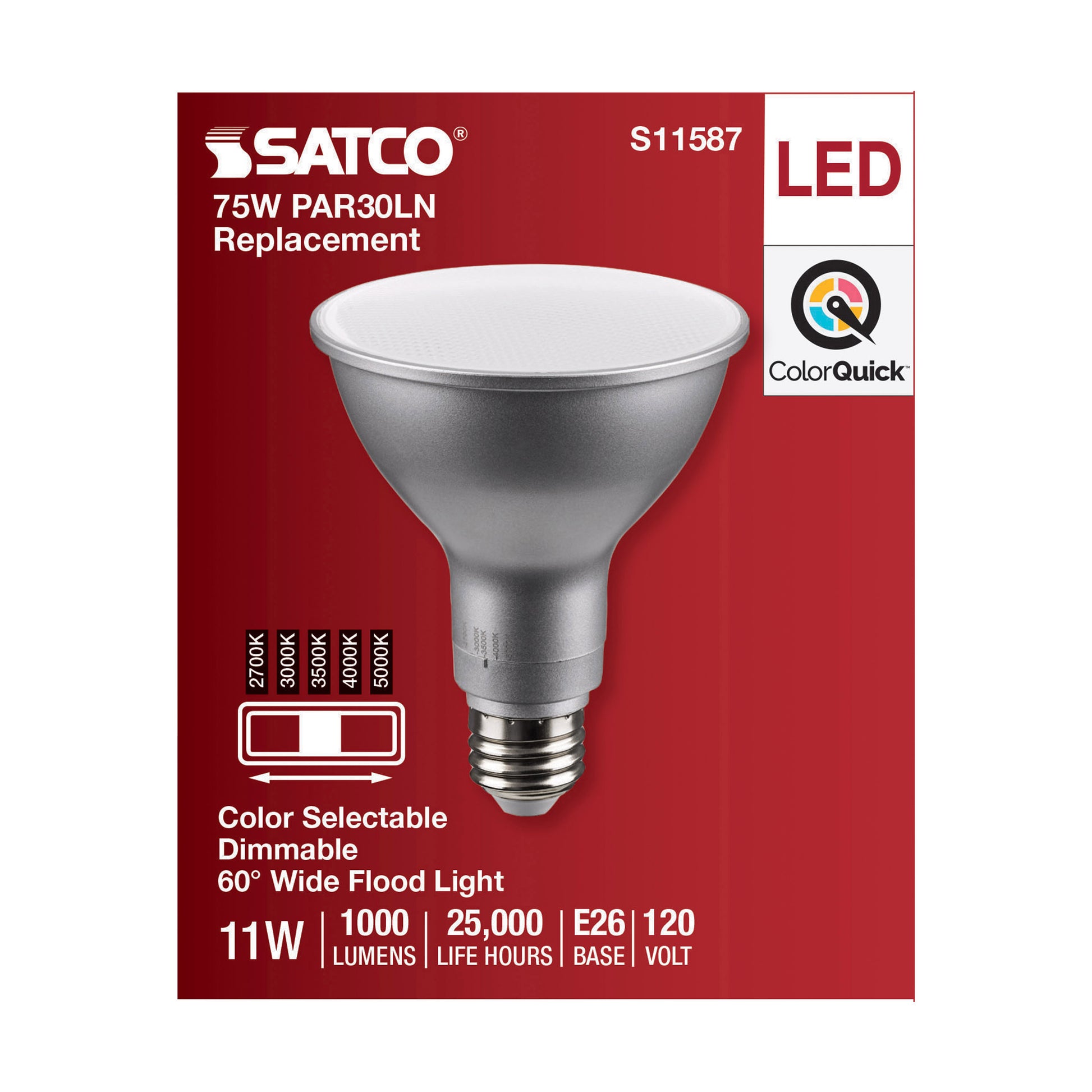 image of 11 Watt PAR30LN LED - Medium Base - Silver Finish - CCT Selectable - 120 Volt - 60 Degree Beam Angle