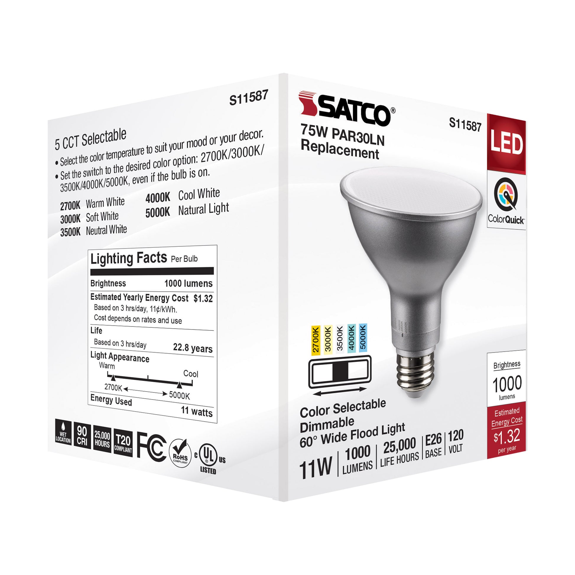 image of 11 Watt PAR30LN LED - Medium Base - Silver Finish - CCT Selectable - 120 Volt - 60 Degree Beam Angle
