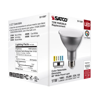 image of 11 Watt PAR30LN LED - Medium Base - Silver Finish - CCT Selectable - 120 Volt - 60 Degree Beam Angle