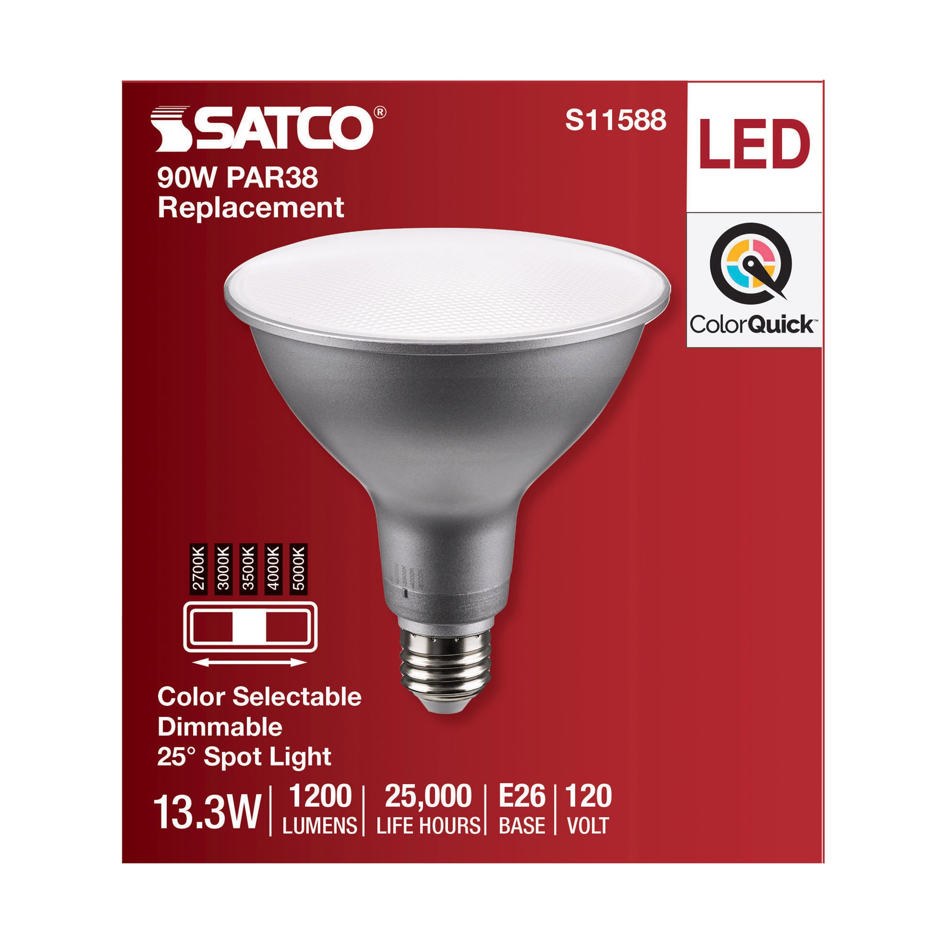 image of 13.3 Watt PAR38 LED - Medium Base - Silver Finish - CCT Selectable - 120 Volt - 25 Degree Beam Angle