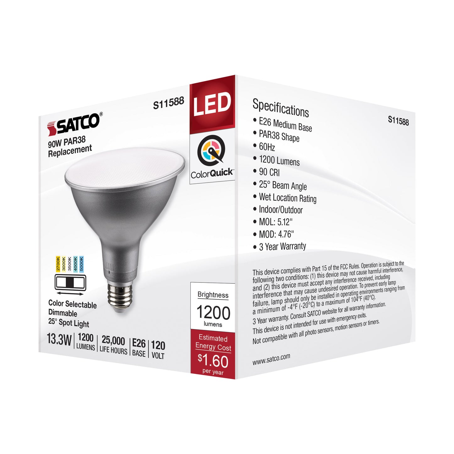 image of 13.3 Watt PAR38 LED - Medium Base - Silver Finish - CCT Selectable - 120 Volt - 25 Degree Beam Angle