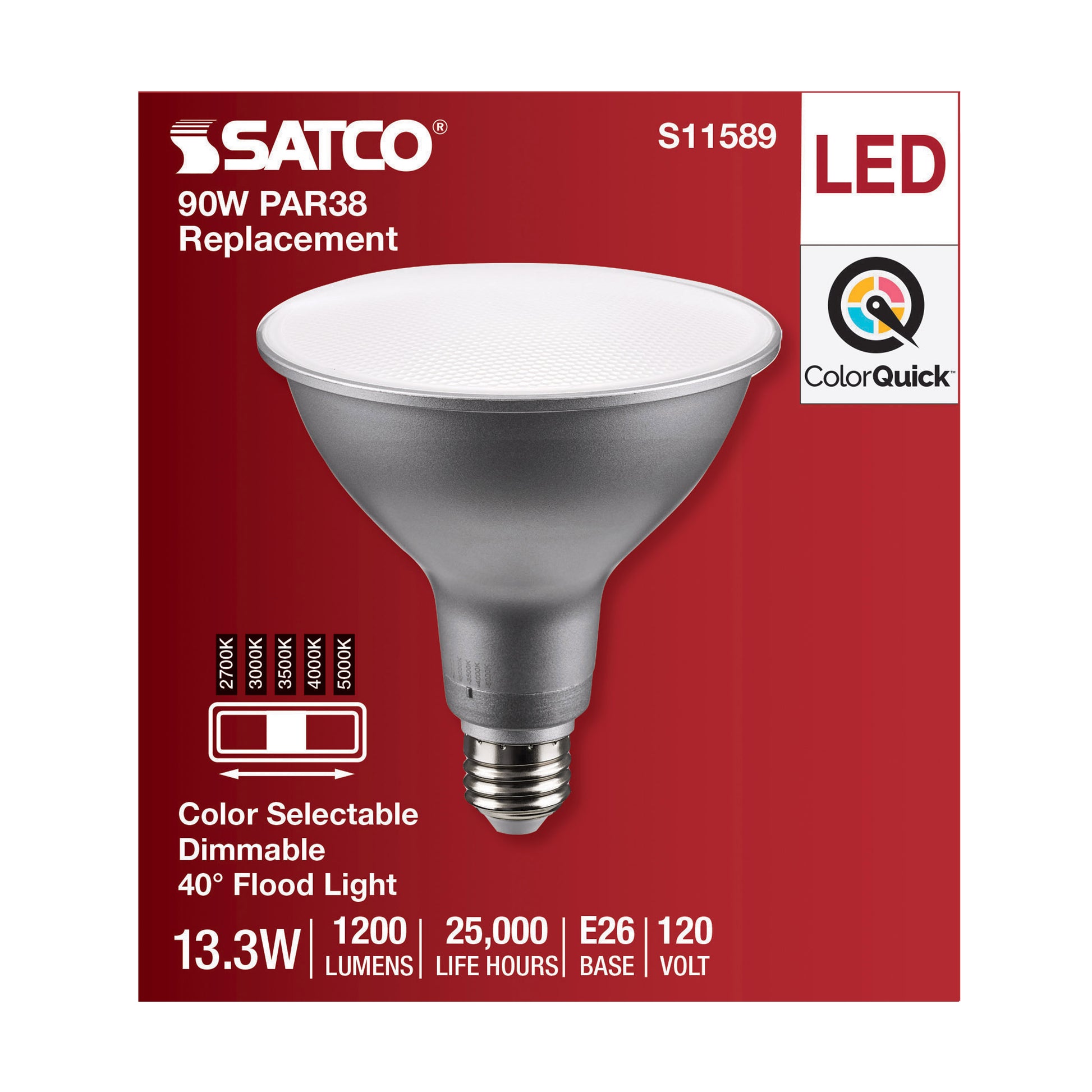 image of 13.3 Watt PAR38 LED - Medium Base - Silver Finish - CCT Selectable - 120 Volt - 40 Degree Beam Angle