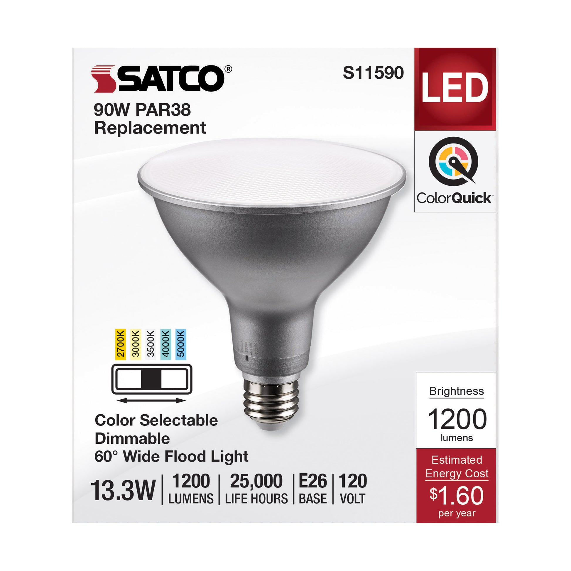 image of 13.3 Watt PAR38 LED - Medium Base - Silver Finish - CCT Selectable - 120 Volt - 60 Degree Beam Angle