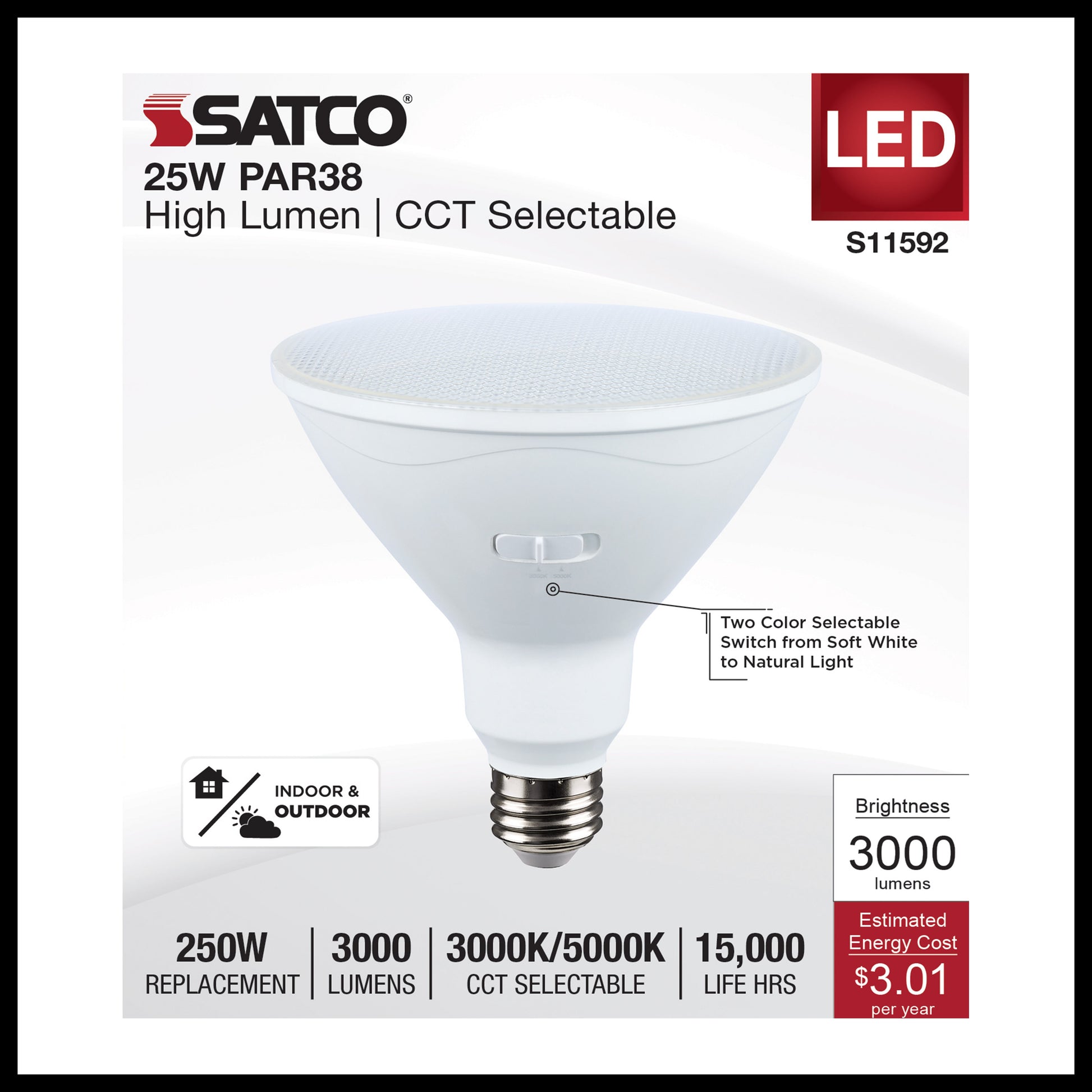 image of 25 Watt PAR38 LED - 3000K/5000K CCT Selectable - High Lumen - Medium Base - White Finish - 120 Volt