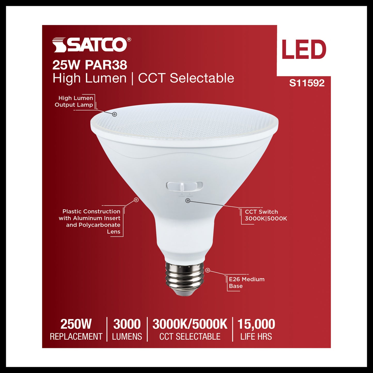 image of 25 Watt PAR38 LED - 3000K/5000K CCT Selectable - High Lumen - Medium Base - White Finish - 120 Volt