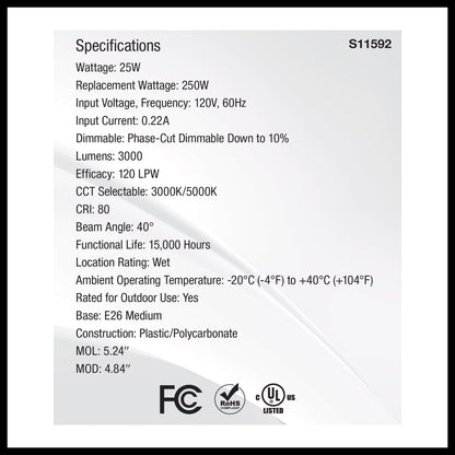 image of 25 Watt PAR38 LED - 3000K/5000K CCT Selectable - High Lumen - Medium Base - White Finish - 120 Volt