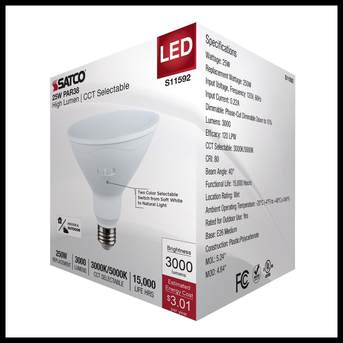 image of 25 Watt PAR38 LED - 3000K/5000K CCT Selectable - High Lumen - Medium Base - White Finish - 120 Volt