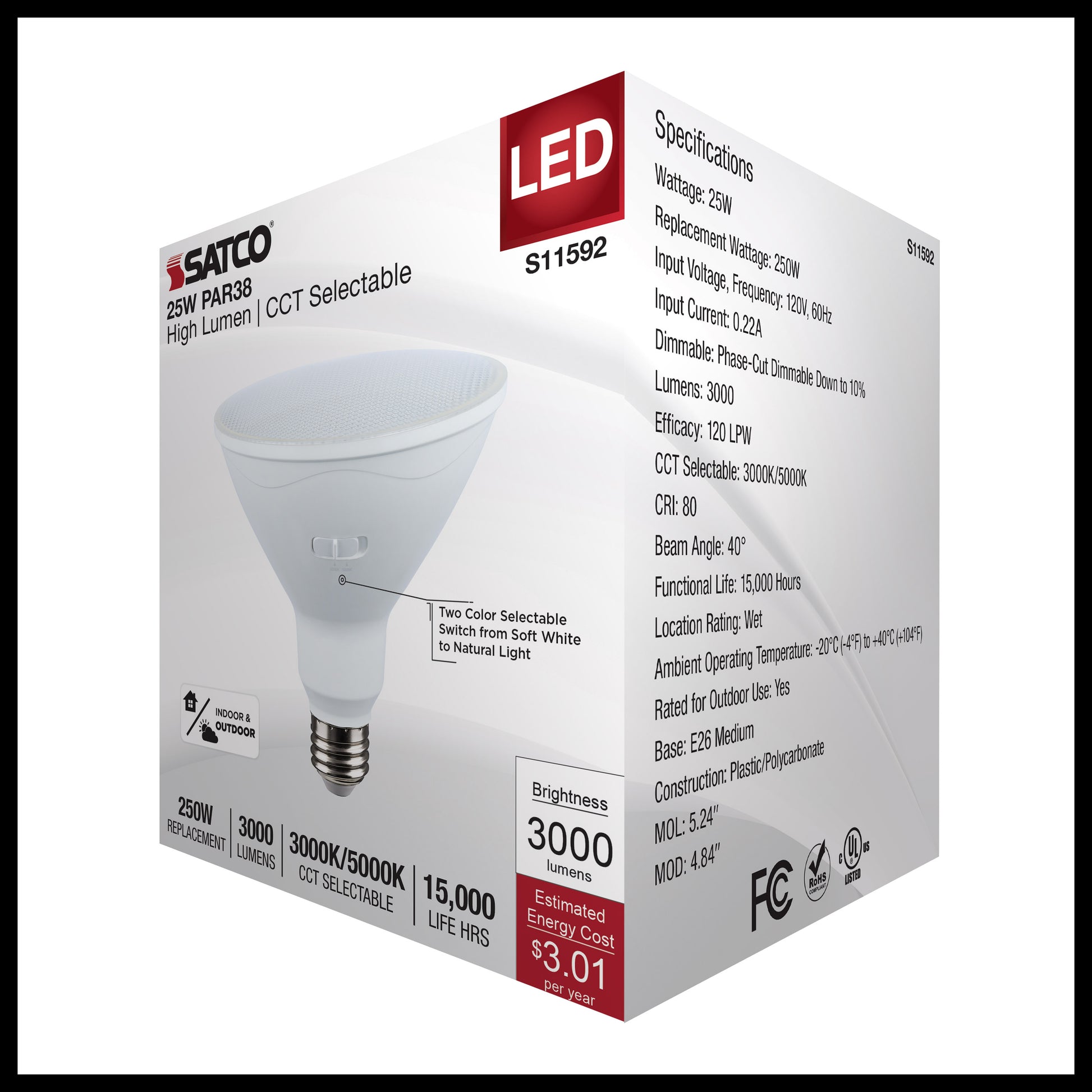 image of 25 Watt PAR38 LED - 3000K/5000K CCT Selectable - High Lumen - Medium Base - White Finish - 120 Volt