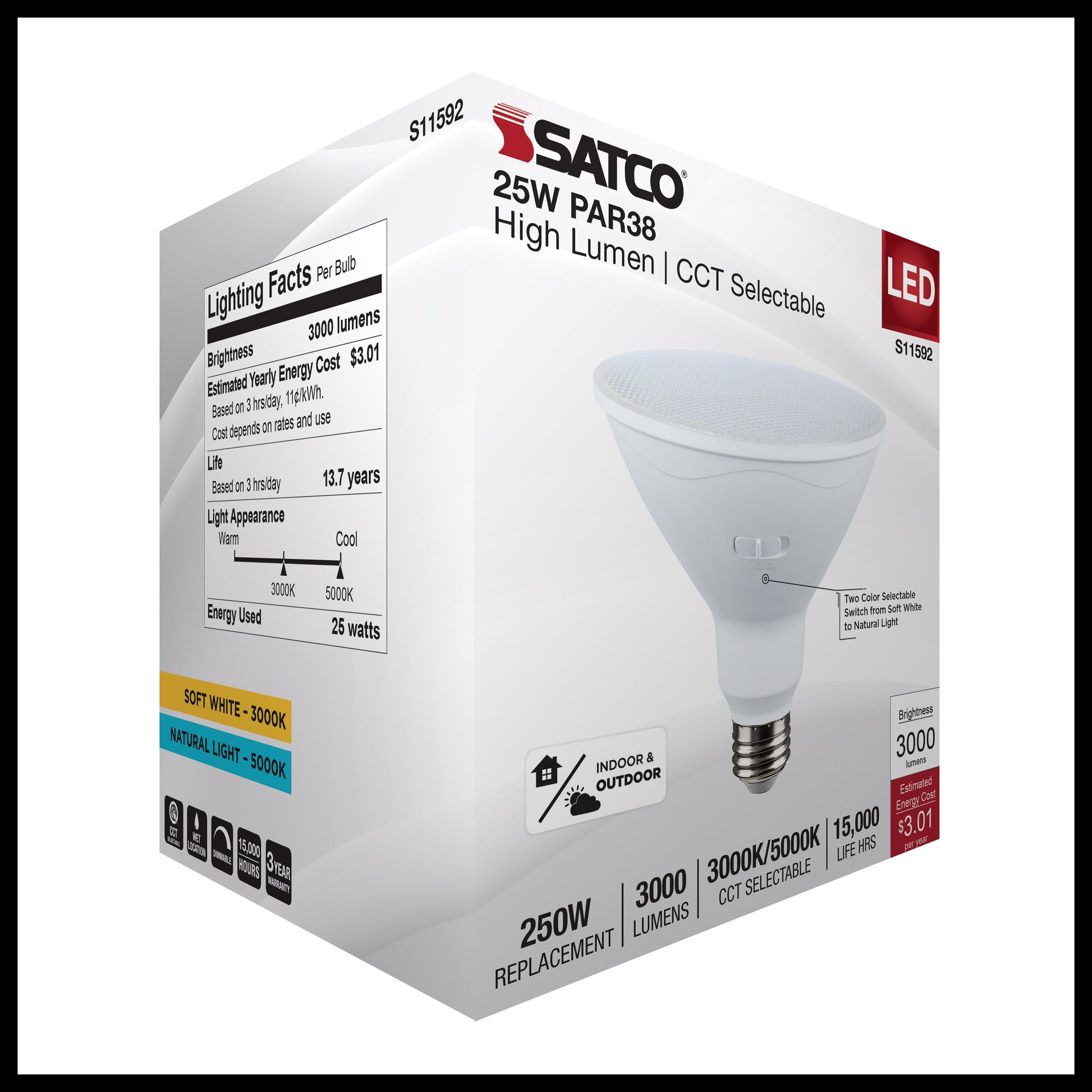 image of 25 Watt PAR38 LED - 3000K/5000K CCT Selectable - High Lumen - Medium Base - White Finish - 120 Volt