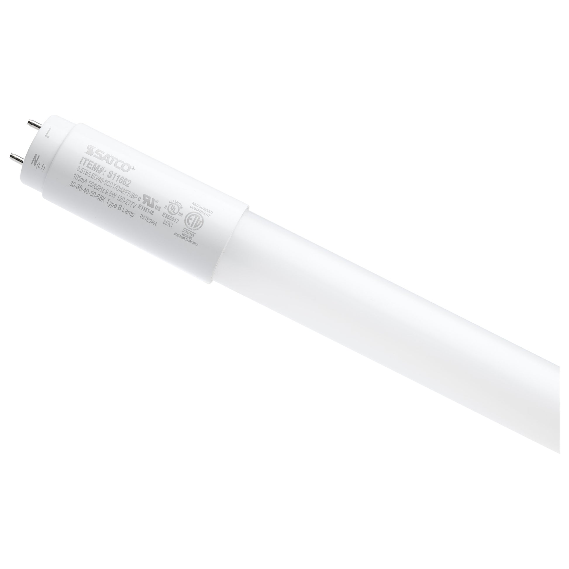 image of 9.5 Watt T8 LED - 48 Inch - 30K/35K/40K/50K/65K CCT Selectable - Low Optical Flicker (less than 5%) - Medium Bi Pin Base - Type B Ballast Bypass - 120-277 Volt - Frost Finish
