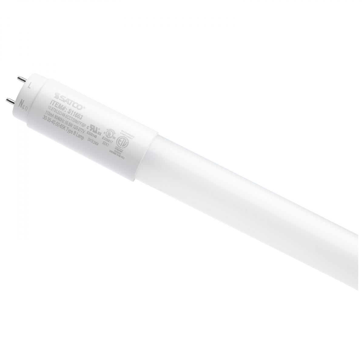 image of 10.5 Watt T8 LED - 48 Inch - 30K/35K/40K/50K/65K CCT Selectable - Low Optical Flicker (less than 5%) - Medium Bi Pin Base - Type B Ballast Bypass - 120-277 Volt - Frost Finish