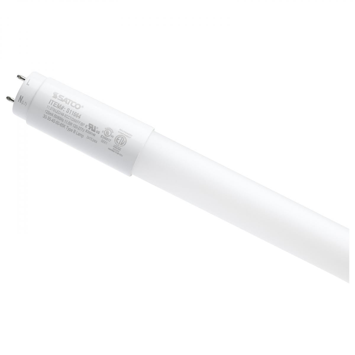 image of 11.5 Watt T8 LED - 48 Inch - 30K/35K/40K/50K/65K CCT Selectable - Low Optical Flicker (less than 5%) - Medium Bi Pin Base - Type B Ballast Bypass - 120-277 Volt - Frost Finish
