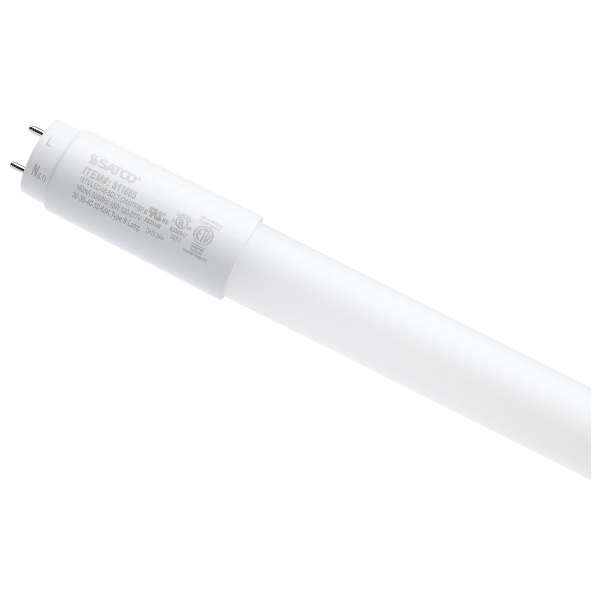 image of 15 Watt T8 LED - 48 Inch - 30K/35K/40K/50K/65K CCT Selectable - Low Optical Flicker (less than 5%) - Medium Bi Pin Base - Type B Ballast Bypass - 120-277 Volt - Frost Finish
