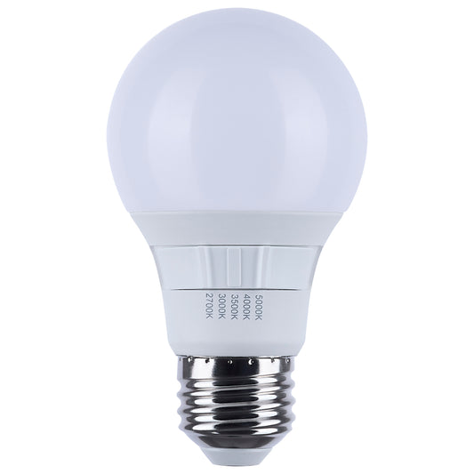 9 Watt A19 LED - 27K/3K/35K/4K/5K CCT Selectable - Medium Base - White Finish - 120 Volt