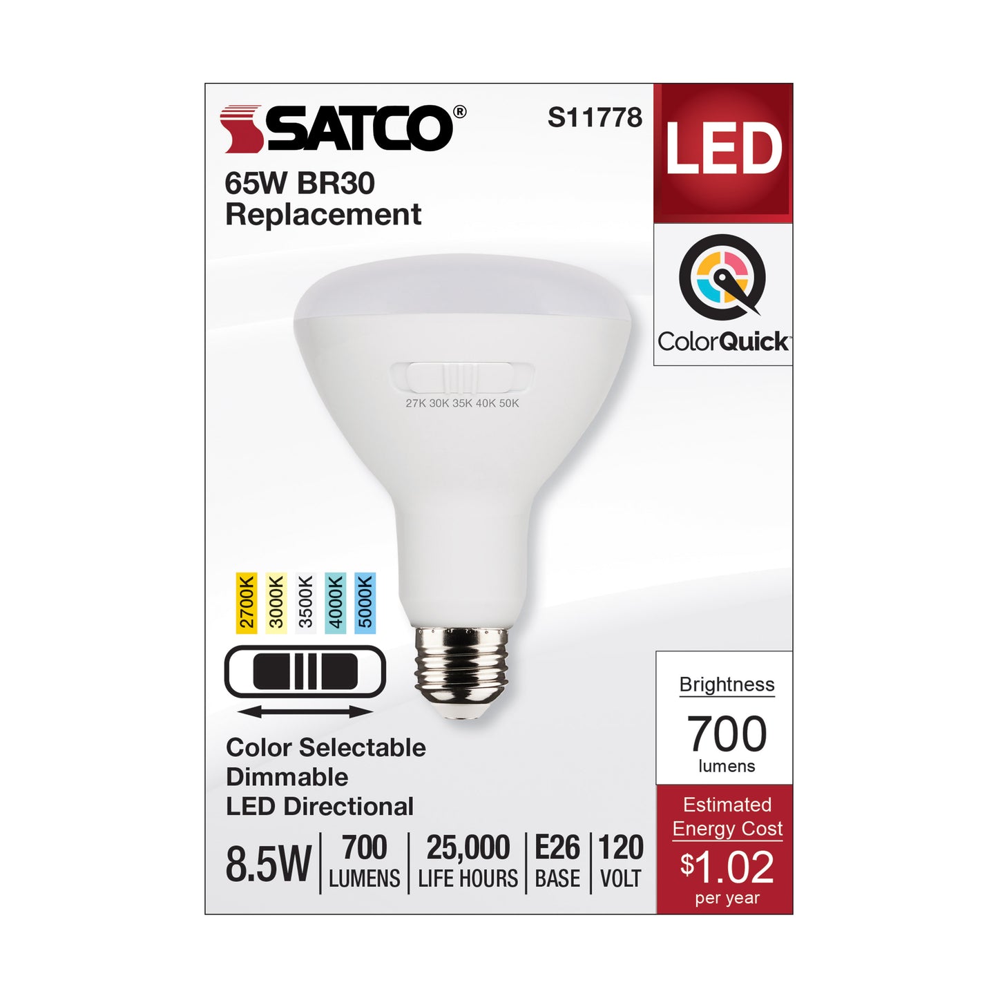 image of 8.5 Watt BR30 LED - Medium Base - CCT Selectable - White Finish - 90 CRI - 120 Volt