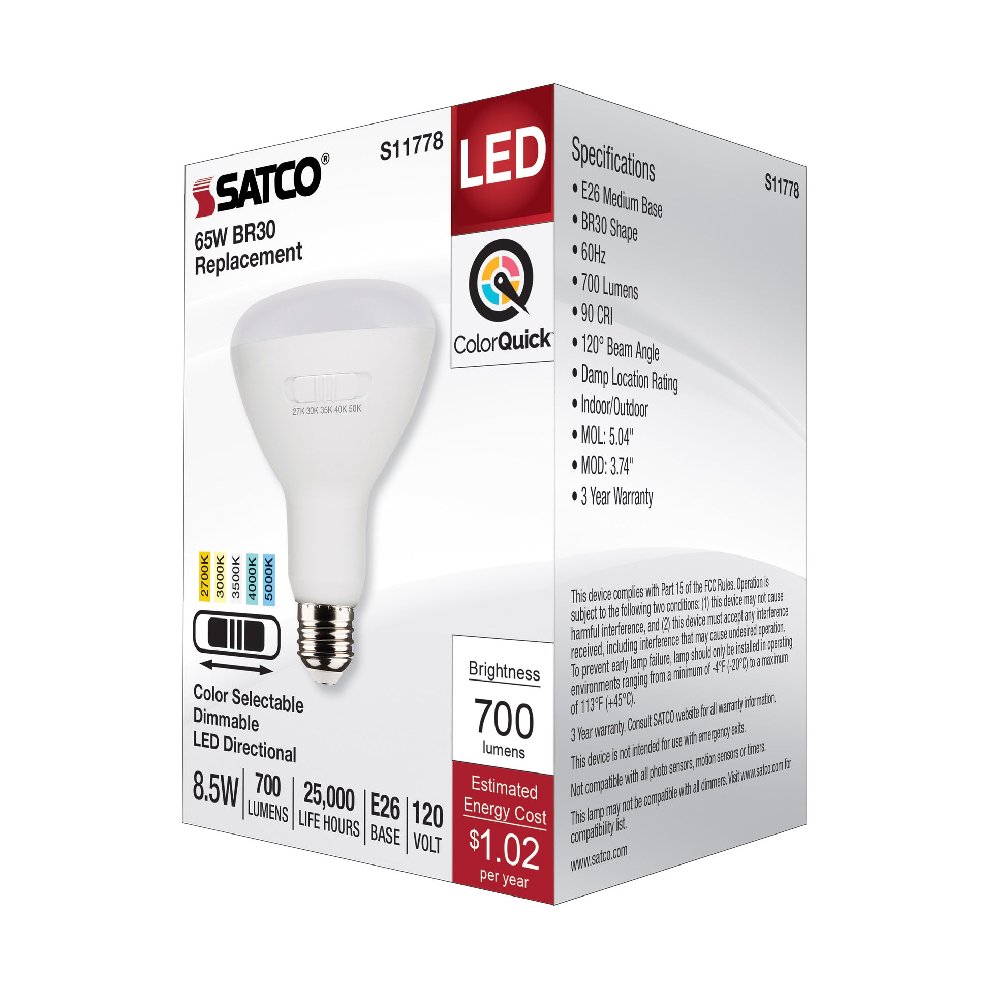 image of 8.5 Watt BR30 LED - Medium Base - CCT Selectable - White Finish - 90 CRI - 120 Volt