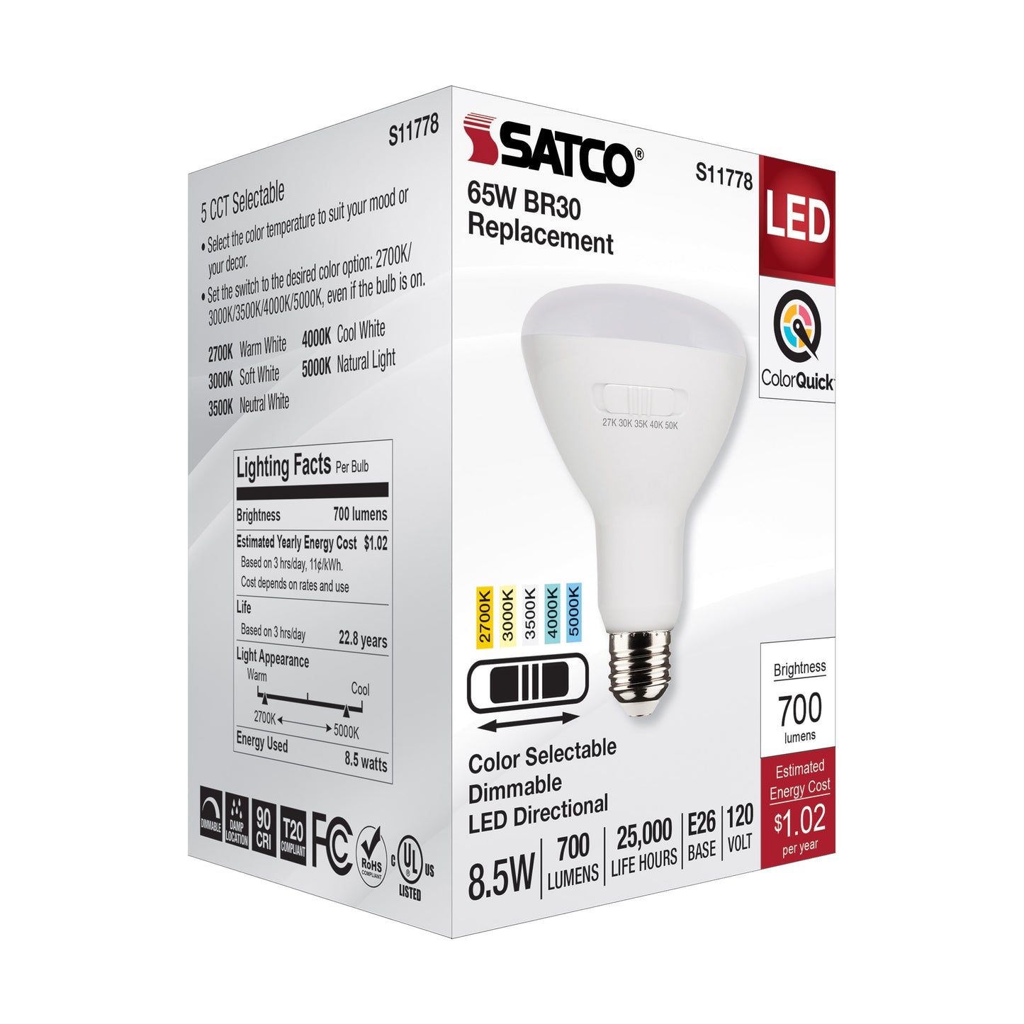 image of 8.5 Watt BR30 LED - Medium Base - CCT Selectable - White Finish - 90 CRI - 120 Volt