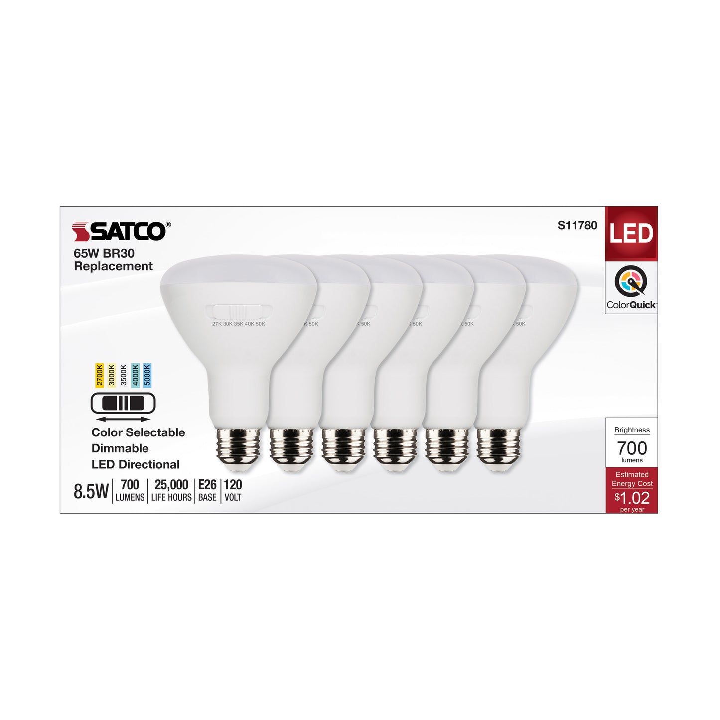image of 8.5 Watt BR30 LED - Medium Base - CCT Selectable - White Finish - 90 CRI - 120 Volt - 6 Pack